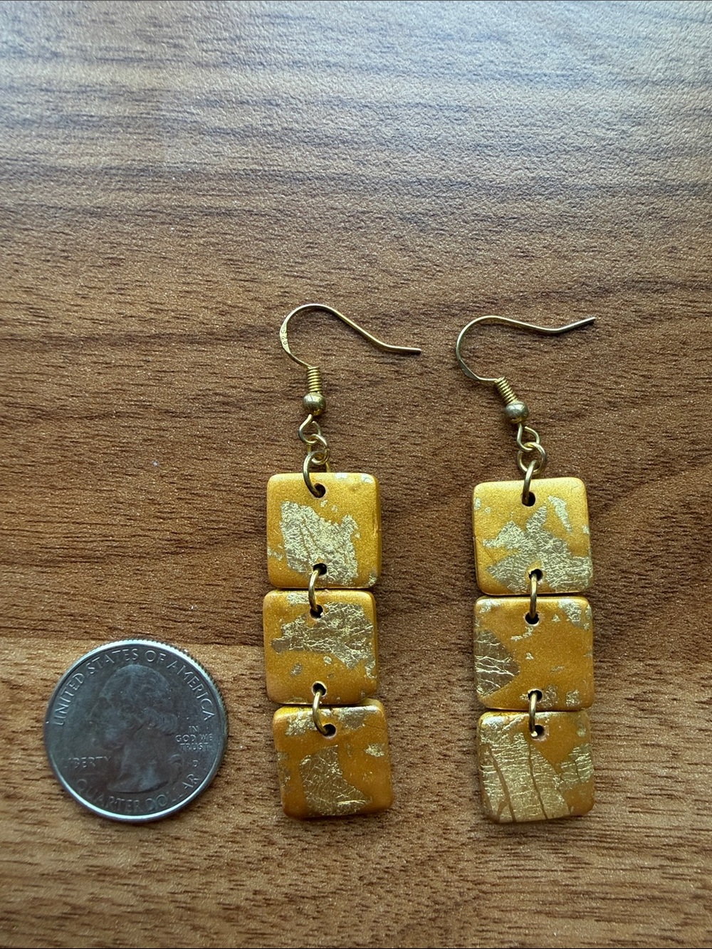 Gold-Toned Three-Tile Dangle Earrings - Women's Jewelry Hand Made Clay Polymer